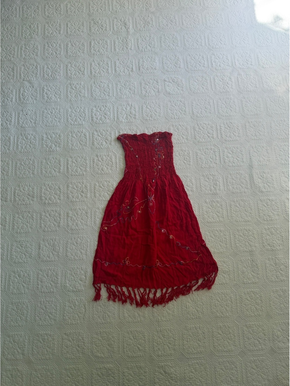 Vintage Red Strapless Embroidered Summer Dress with Fringe